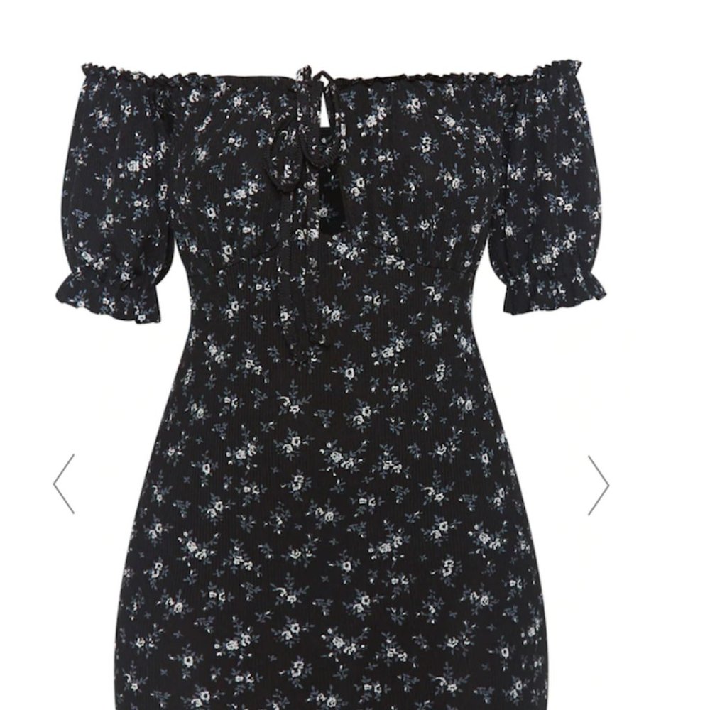 BLACK DITSY FLORAL TIE FRONT BARDOT DRESS